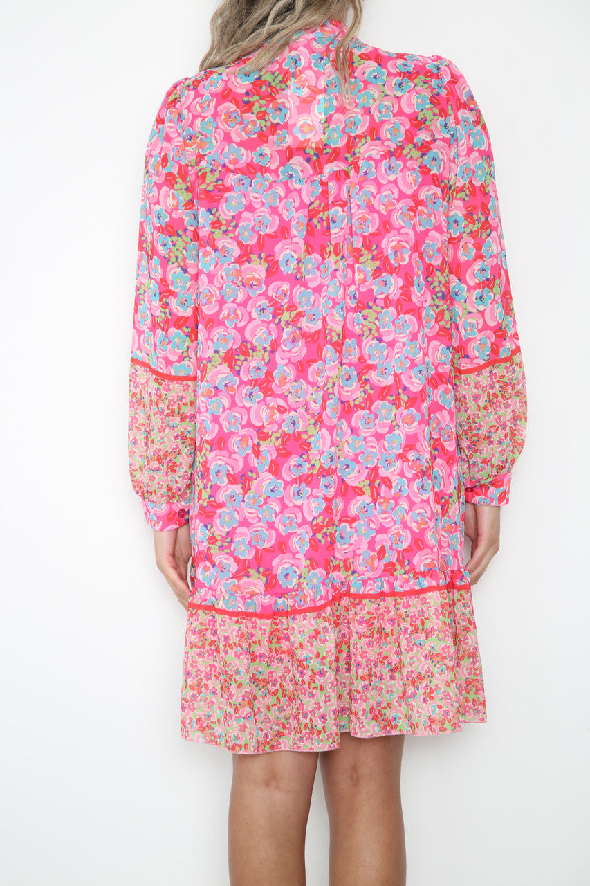 Ladies Ditsy Flowers & Leaves Print Shirt Dress Cerise