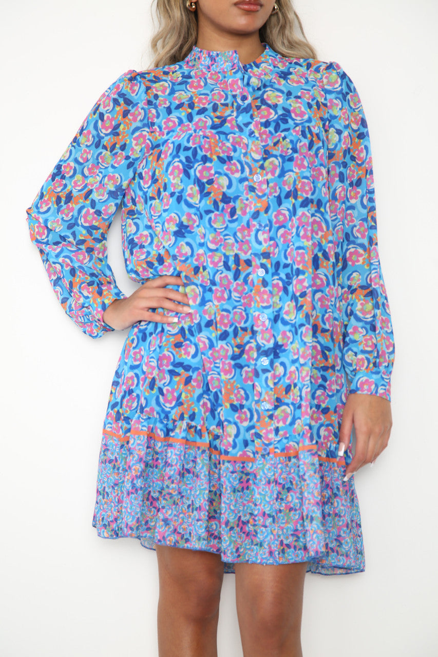 Ladies Ditsy Flowers & Leaves Print Shirt Dress Royal Blue