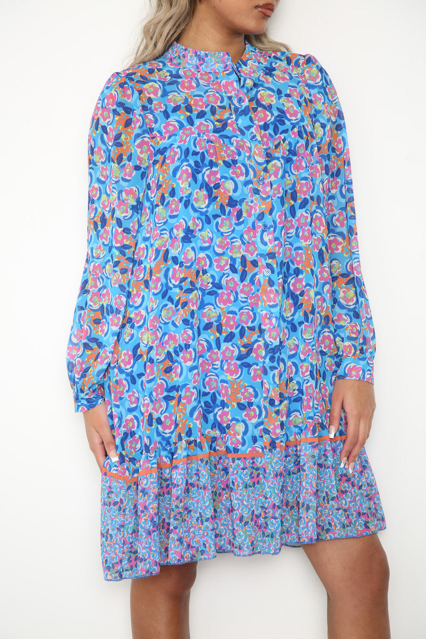 Ladies Ditsy Flowers & Leaves Print Shirt Dress Royal Blue