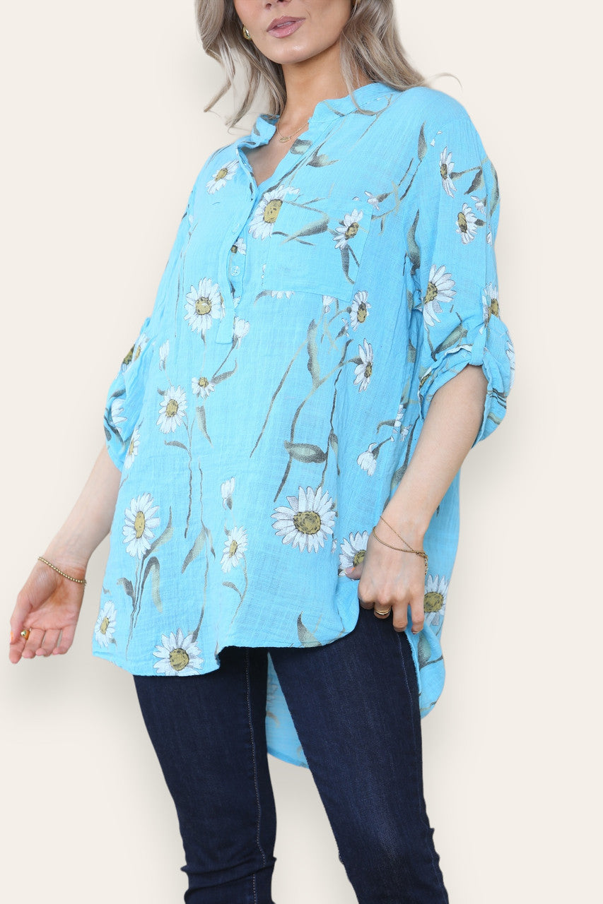 BLOES GRANDAD SHIRT MET MADELIEFJES IN TURKOOIS