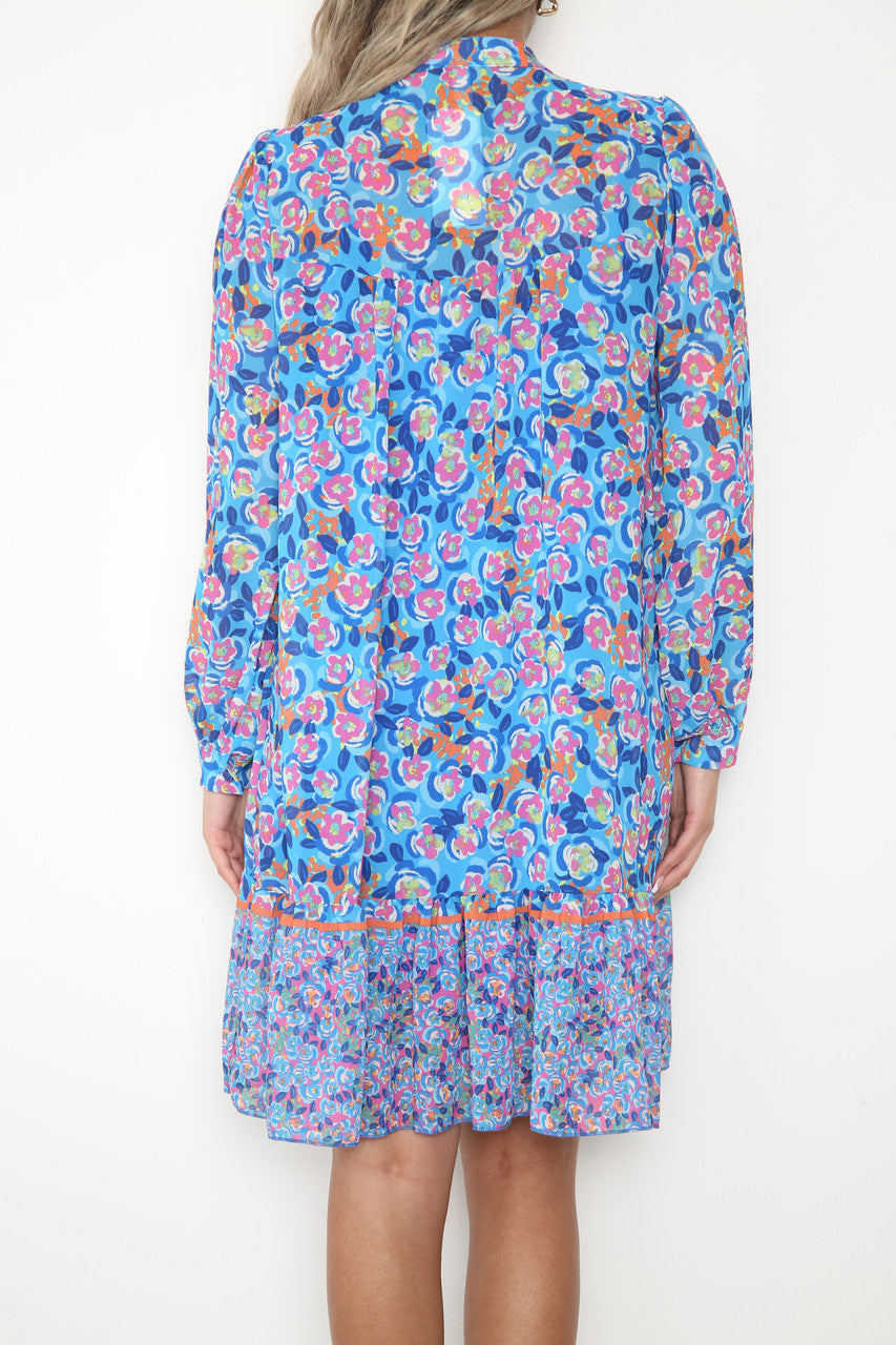Ladies Ditsy Flowers & Leaves Print Shirt Dress Royal Blue