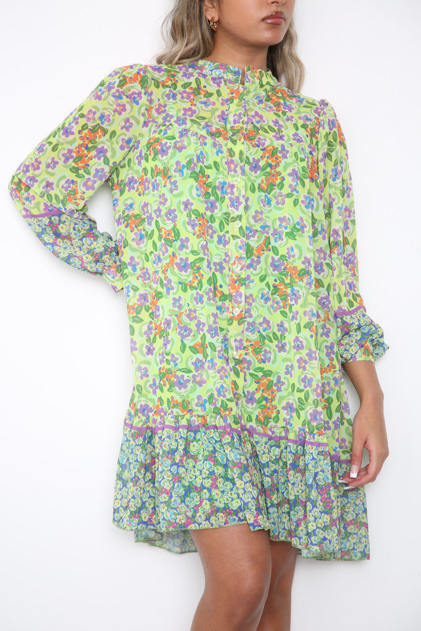 Ladies Ditsy Flowers & Leaves Print Shirt Dress Lime