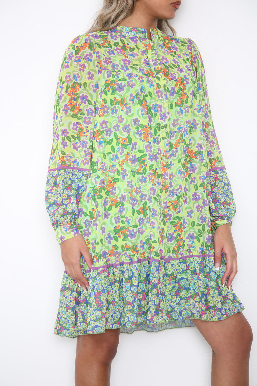 Ladies Ditsy Flowers & Leaves Print Shirt Dress Lime