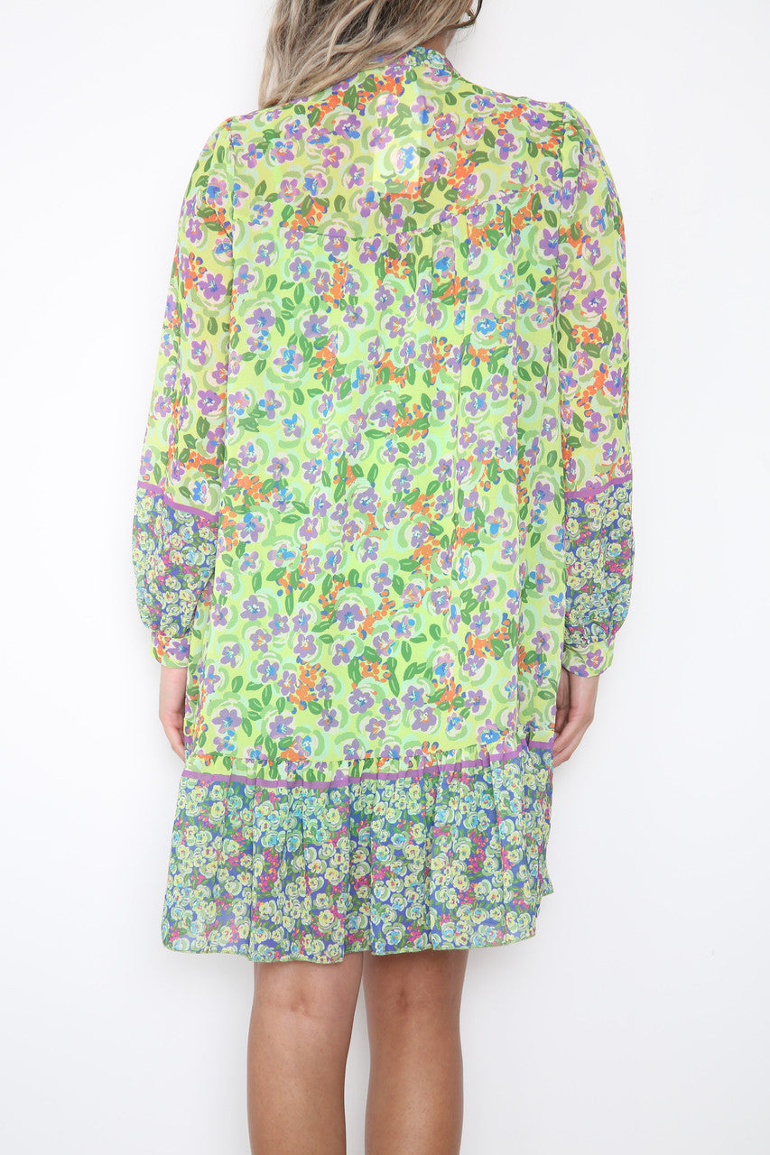 Ladies Ditsy Flowers & Leaves Print Shirt Dress Lime