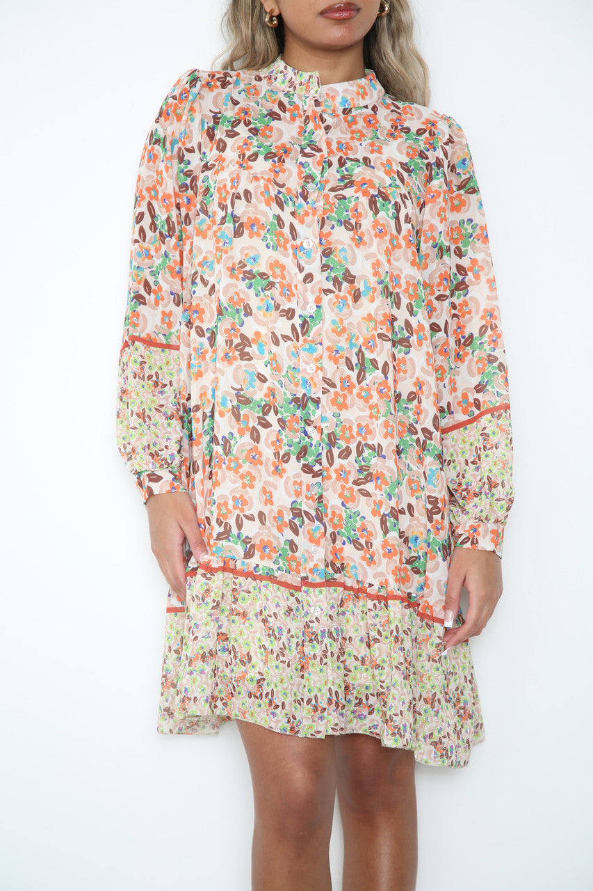 Ladies Ditsy Flowers & Leaves Print Shirt Dress Stone