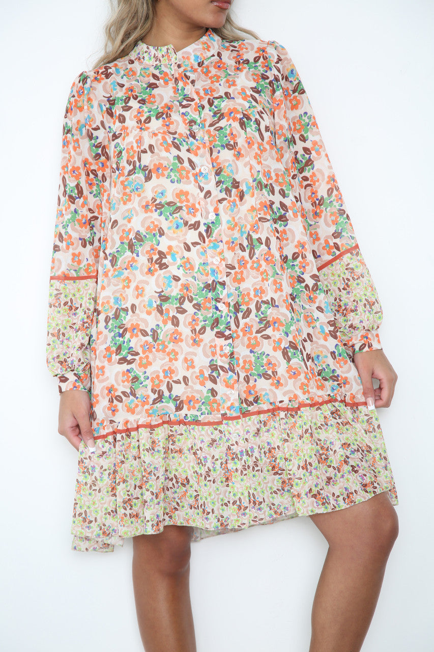 Ladies Ditsy Flowers & Leaves Print Shirt Dress Stone