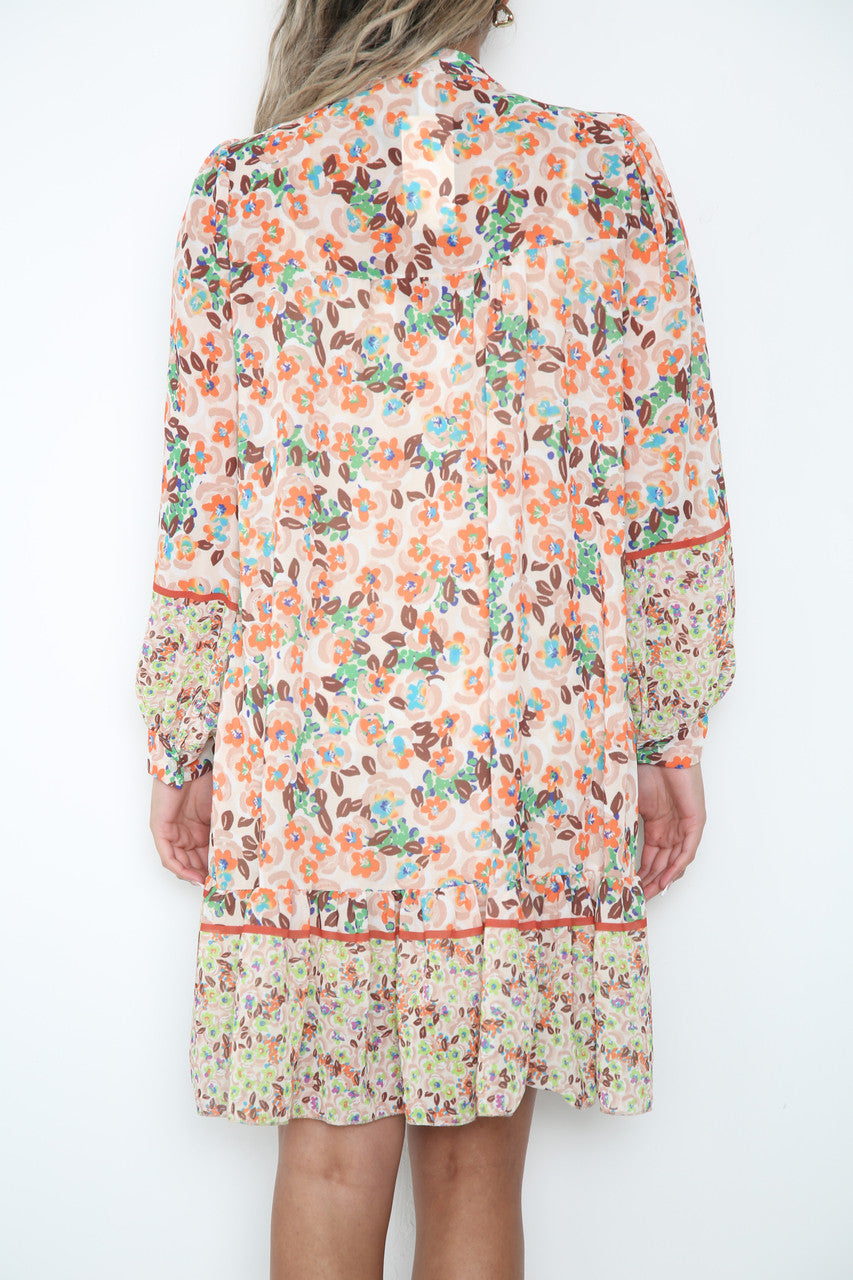 Ladies Ditsy Flowers & Leaves Print Shirt Dress Stone