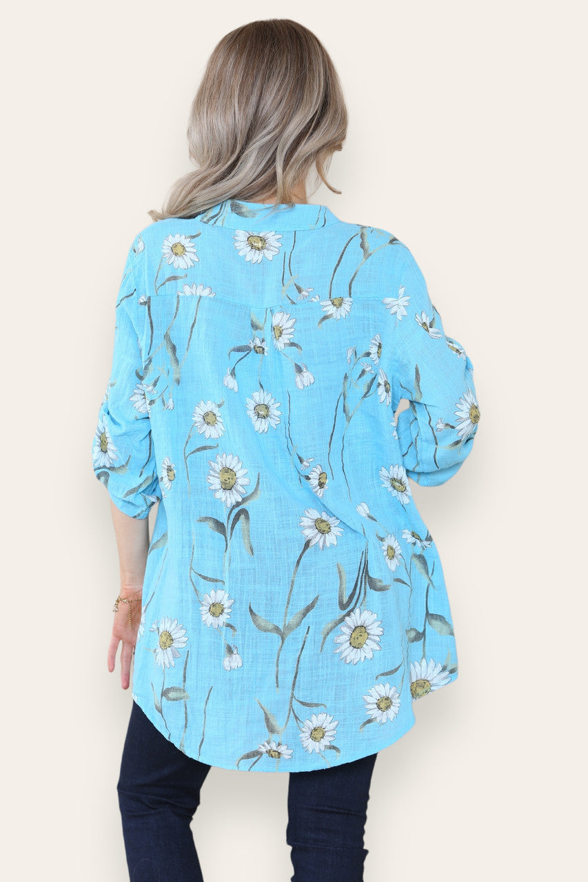 BLOES GRANDAD SHIRT MET MADELIEFJES IN TURKOOIS