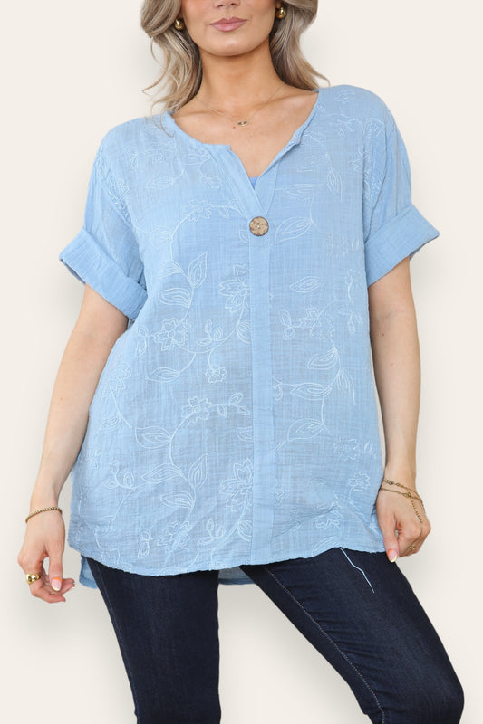 FLORAL EMBROIDERD GRANDAD COLLAR BUTTON FRONT TOP SKY BLUE