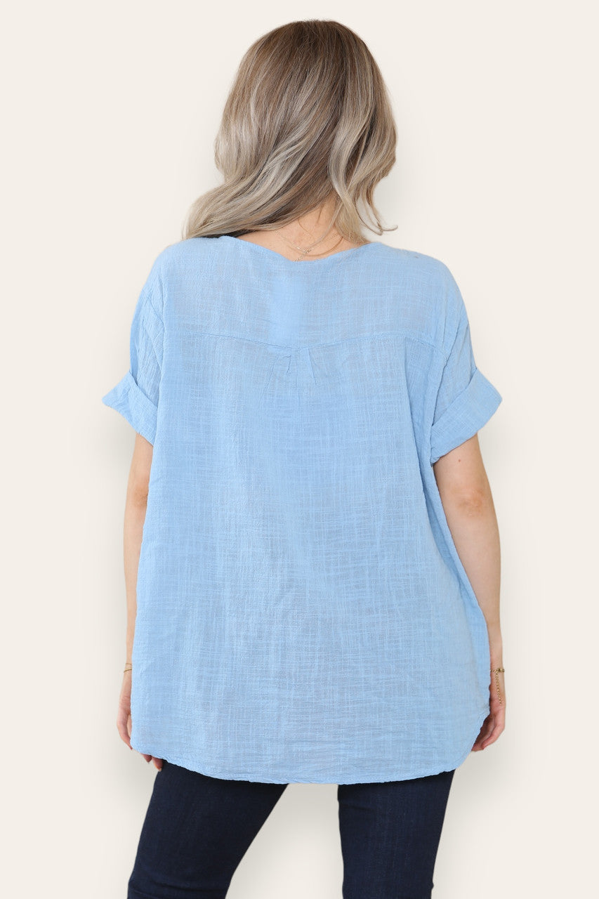 FLORAL EMBROIDERD GRANDAD COLLAR BUTTON FRONT TOP SKY BLUE