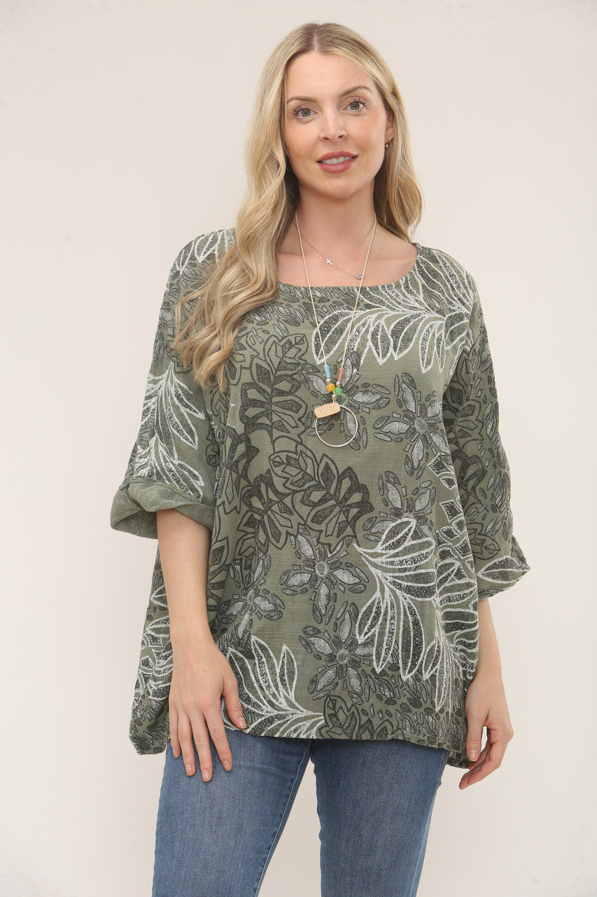 TOP MET BOTANISCHE BLADPRINT - KAKI