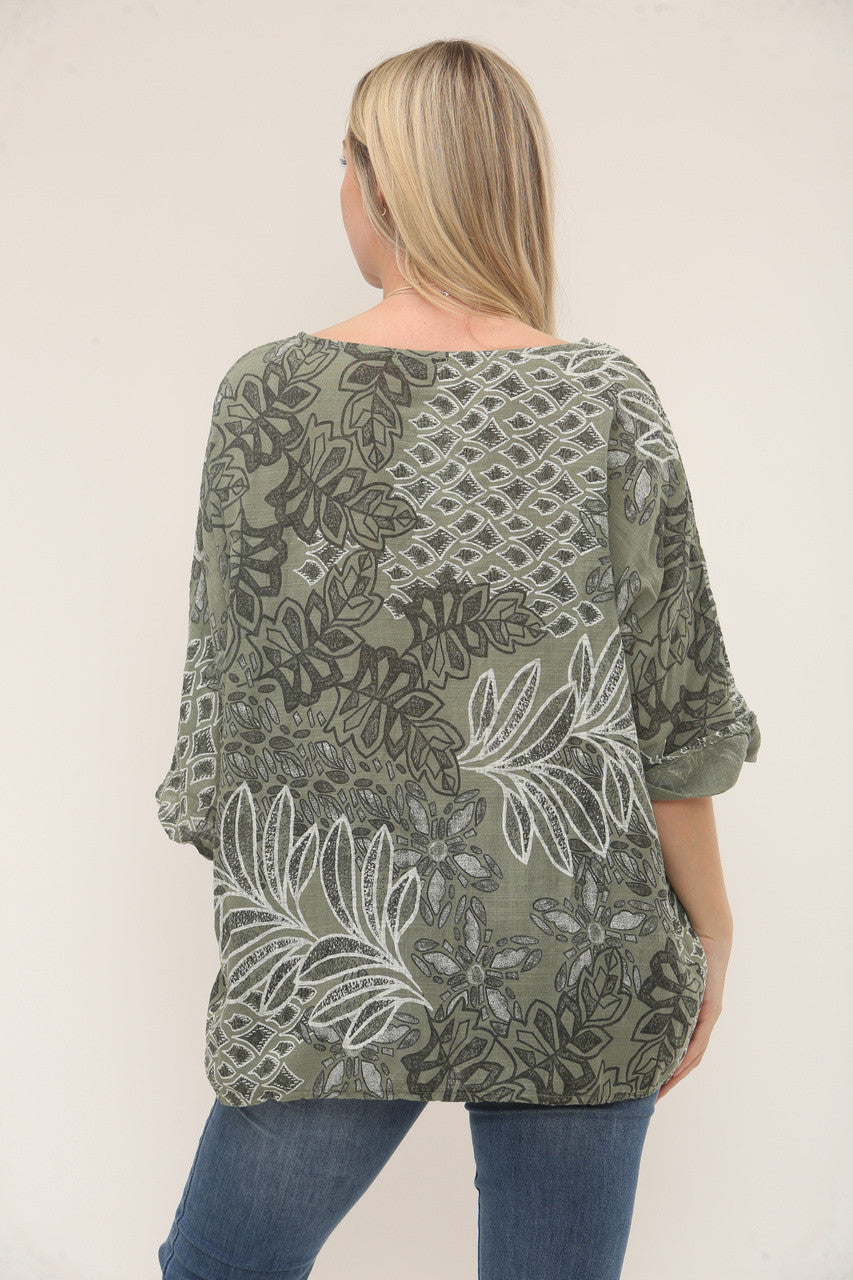 TOP MET BOTANISCHE BLADPRINT - KAKI