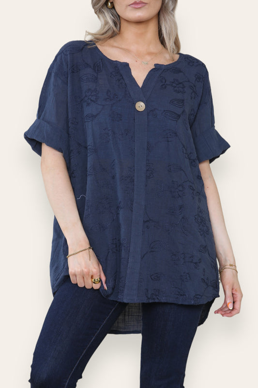 FLORAL EMBROIDERD GRANDAD COLLAR BUTTON FRONT TOP NAVY