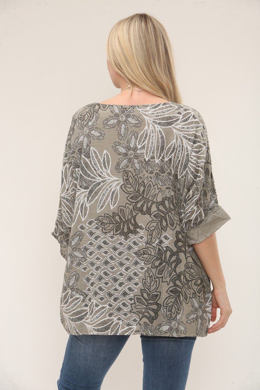 TOP MET ABSTRACTE BOTANISCHE BLADERENPRINT - TAUPE