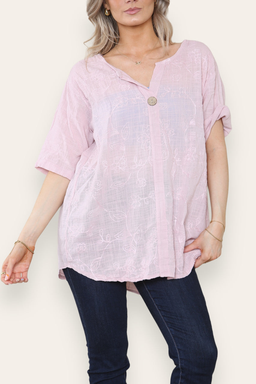 FLORAL EMBROIDERD GRANDAD COLLAR BUTTON FRONT TOP DUSTY PINK