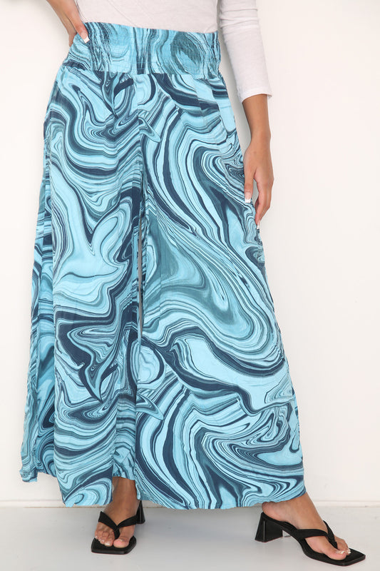 Dames Turkoois Broek met Wijde Pijpen, Elastische Taille en Wervelprint
