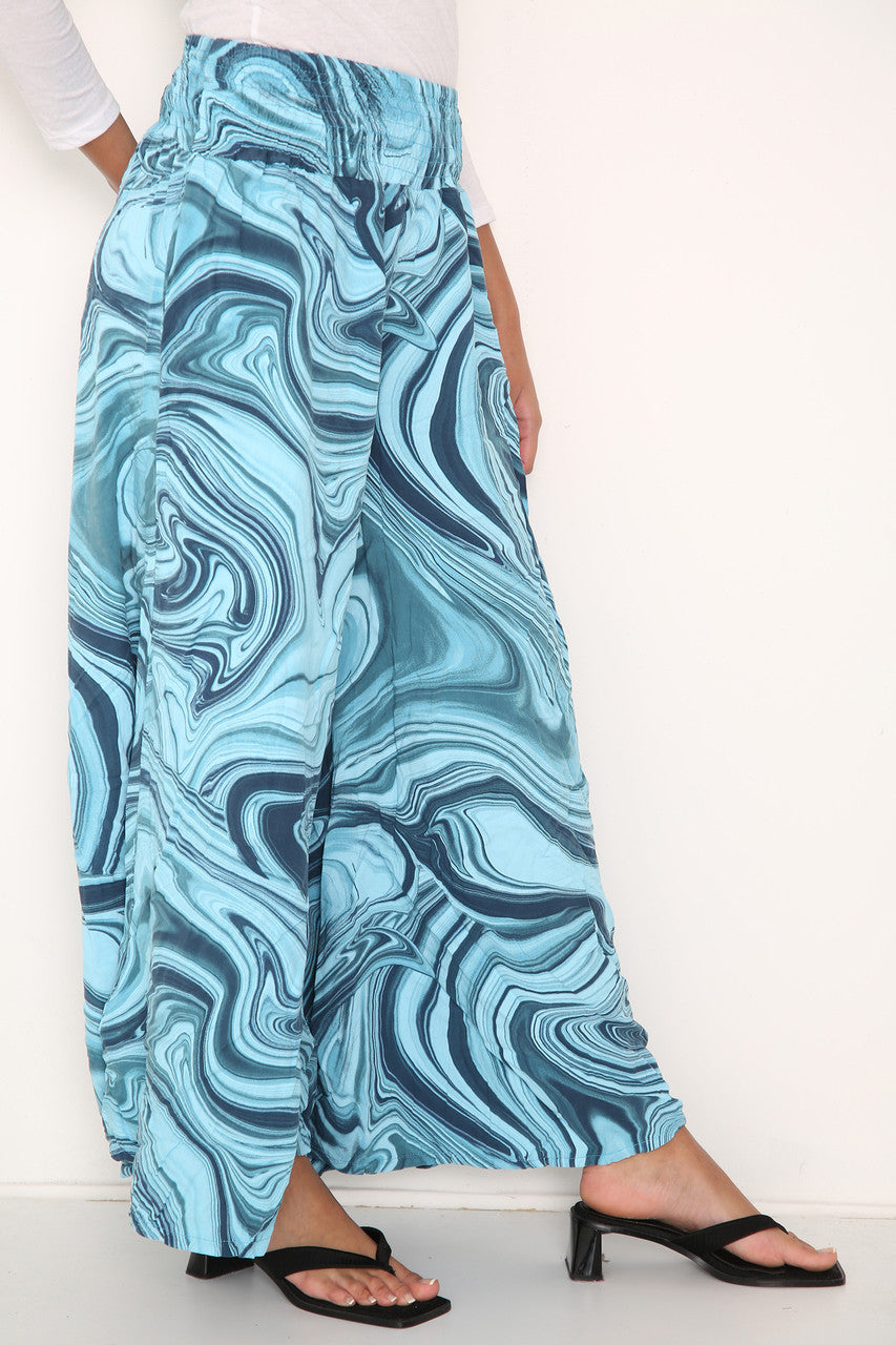 Ladies Swirl Print Elasticated Waist Wide Leg Trousers Turquoise