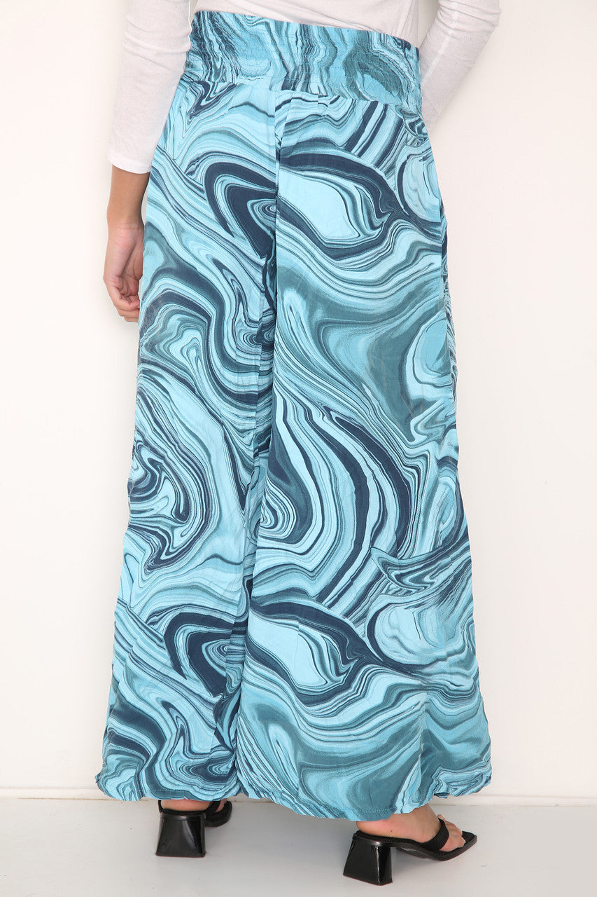 Ladies Swirl Print Elasticated Waist Wide Leg Trousers Turquoise