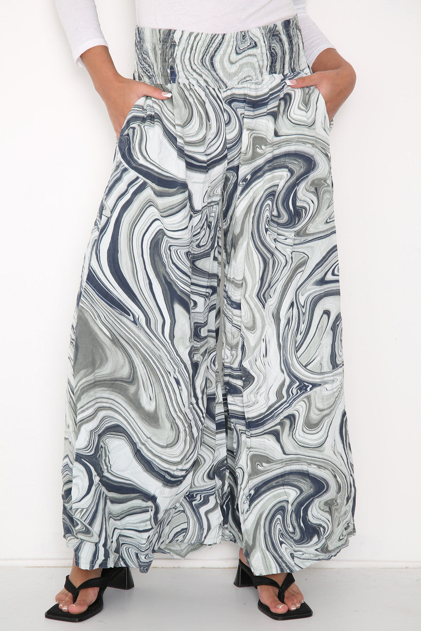 Ladies Swirl Print Elasticated Waist Wide Leg Trousers Khaki
