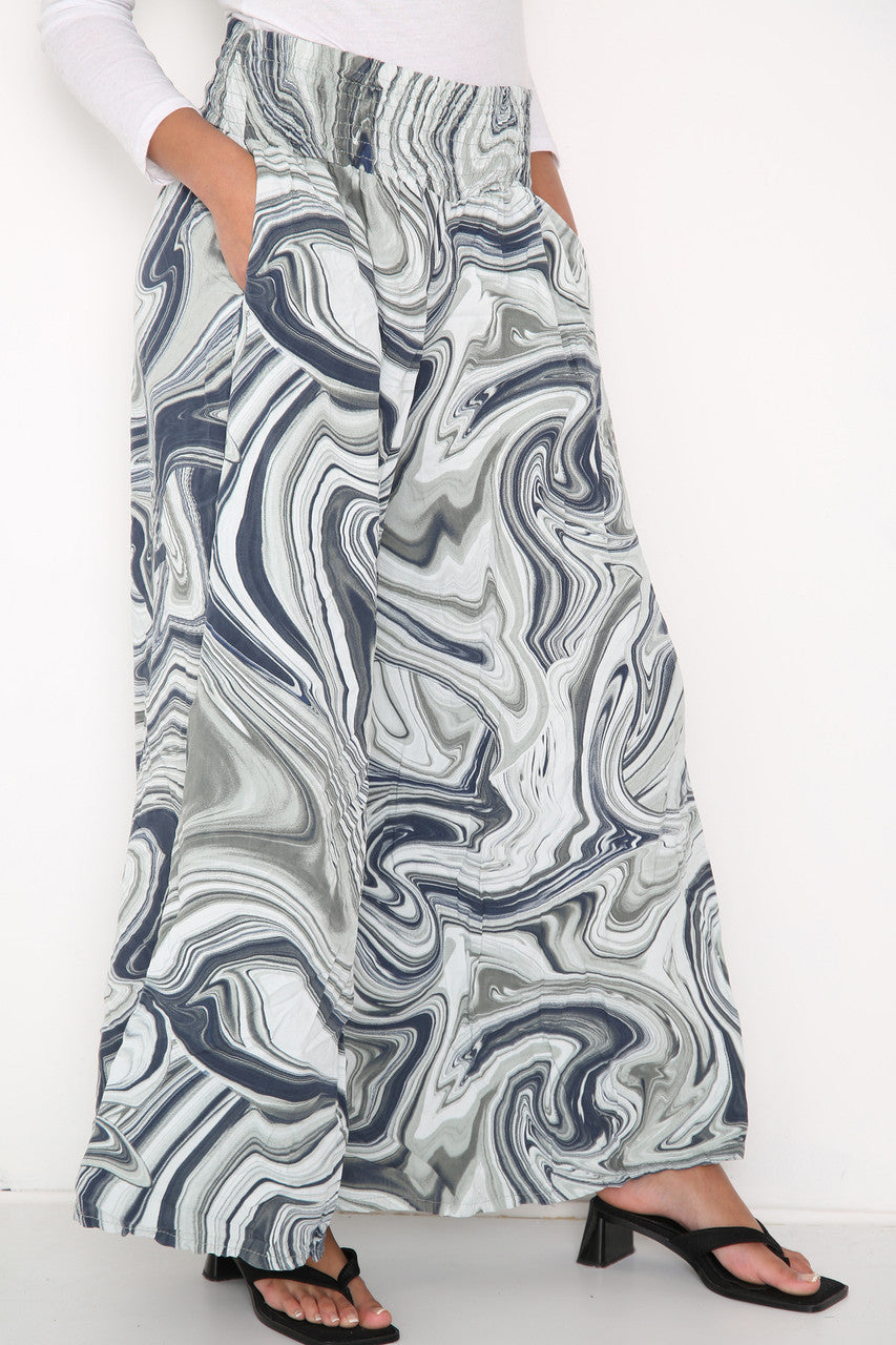 Ladies Swirl Print Elasticated Waist Wide Leg Trousers Khaki