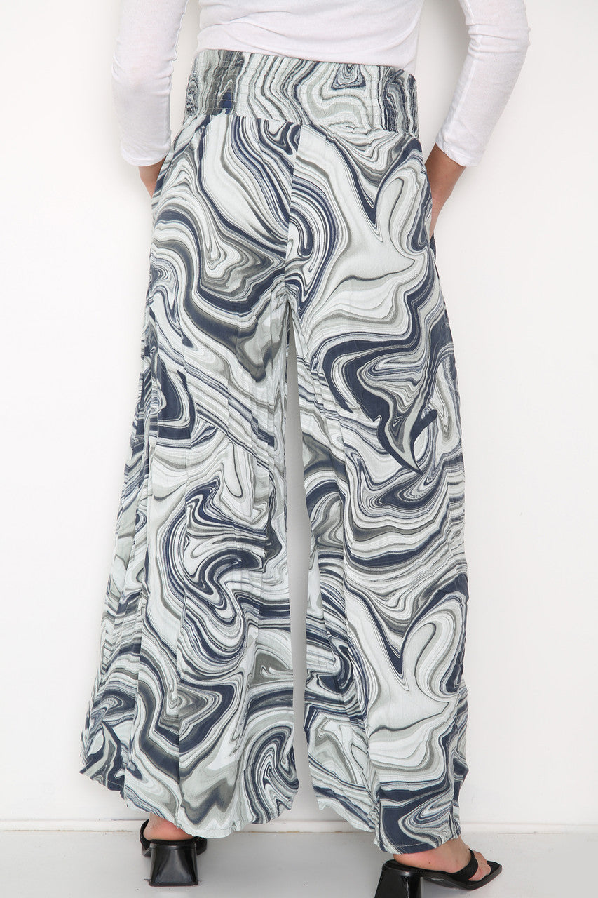 Ladies Swirl Print Elasticated Waist Wide Leg Trousers Khaki