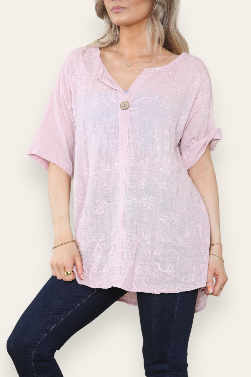 FLORAL EMBROIDERD GRANDAD COLLAR BUTTON FRONT TOP DUSTY PINK