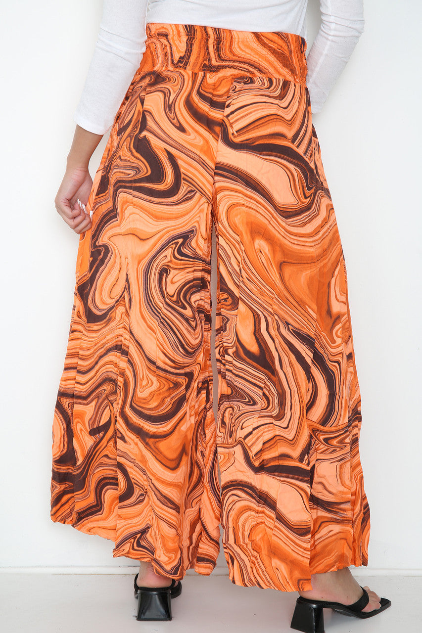 Ladies Swirl Print Elasticated Waist Wide Leg Trousers Orange
