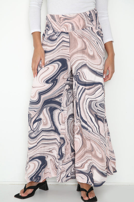Dames broek met spiraalprint, elastische taille en wijde pijpen, stoffig roze