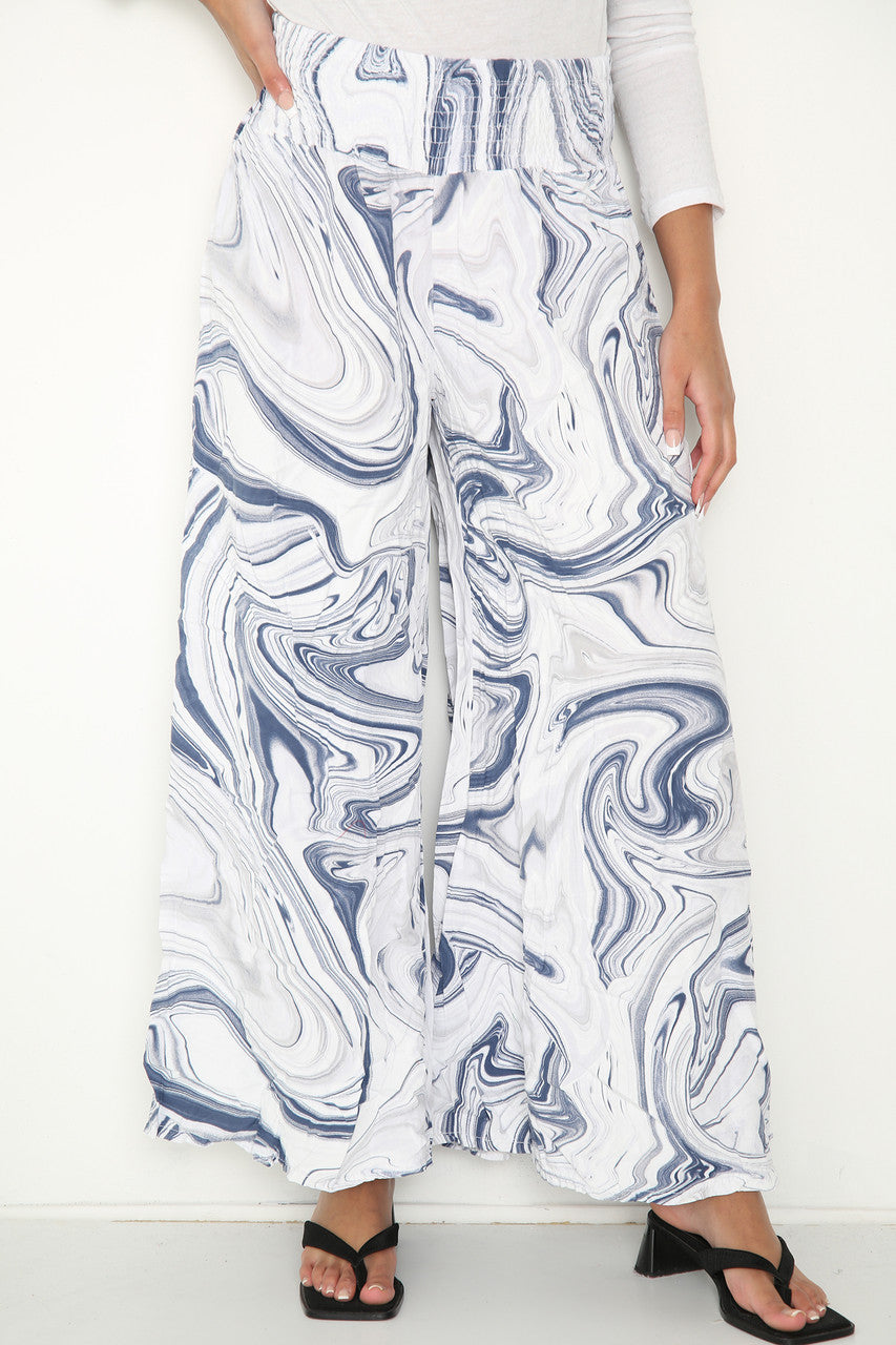 Ladies Swirl Print Elasticated Waist Wide Leg Trousers White