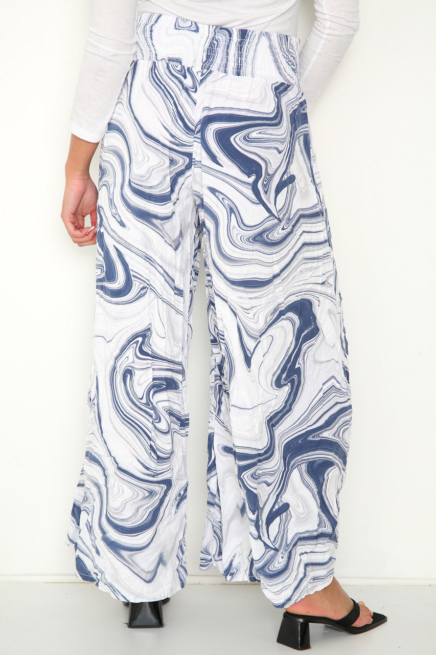 Ladies Swirl Print Elasticated Waist Wide Leg Trousers White
