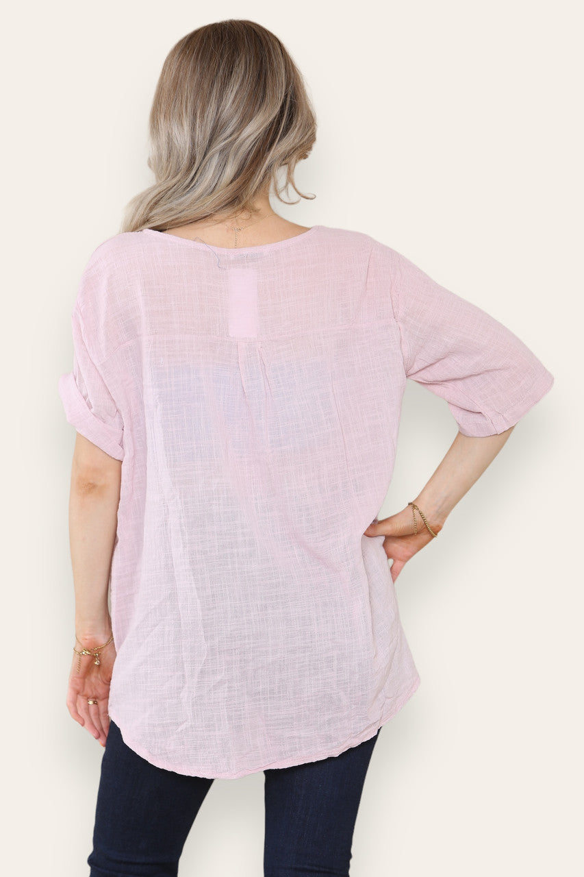 FLORAL EMBROIDERD GRANDAD COLLAR BUTTON FRONT TOP DUSTY PINK