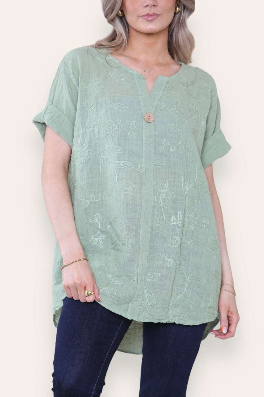 FLORAL EMBROIDERD GRANDAD COLLAR BUTTON FRONT TOP KHAKI