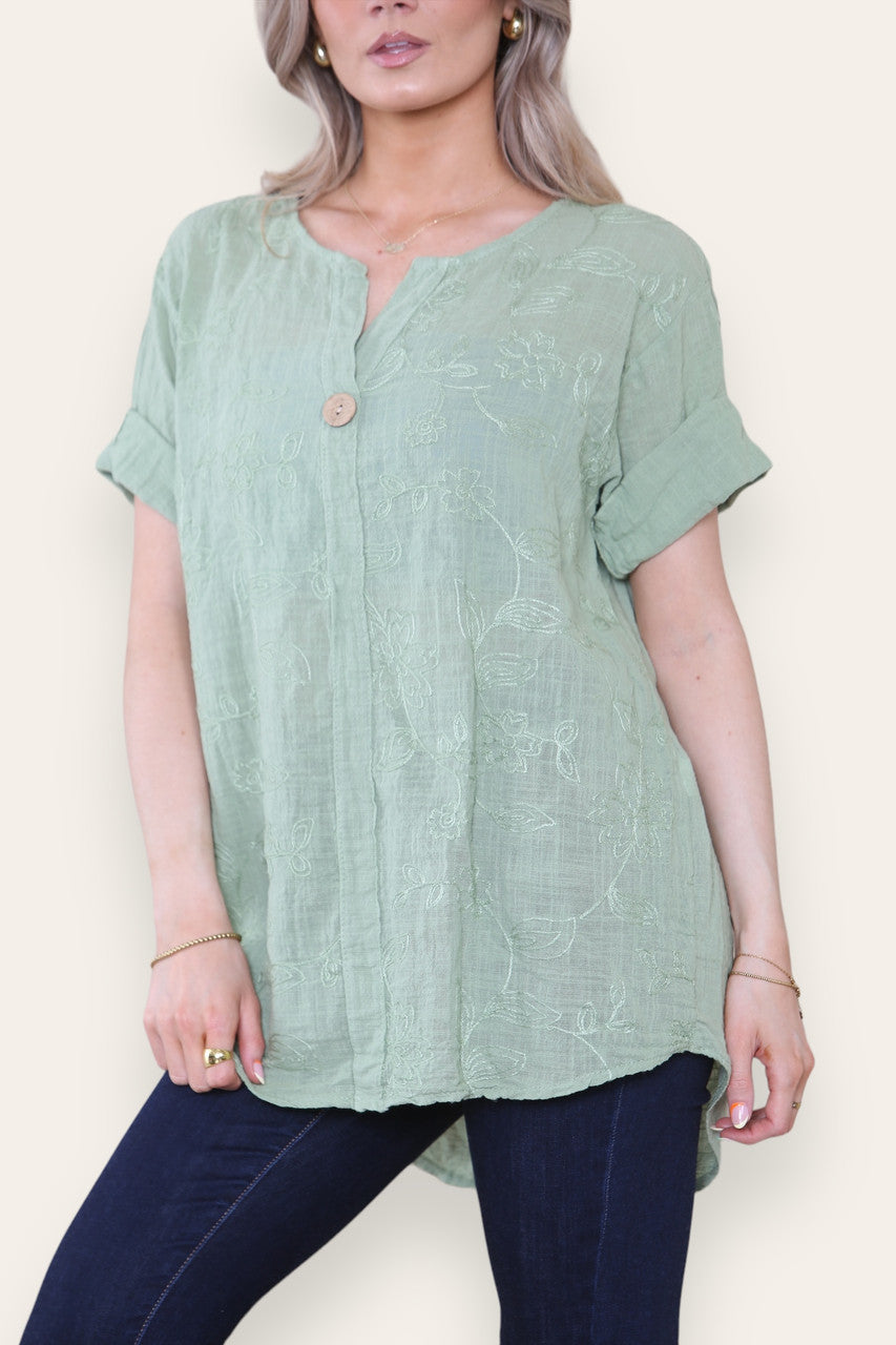 FLORAL EMBROIDERD GRANDAD COLLAR BUTTON FRONT TOP KHAKI