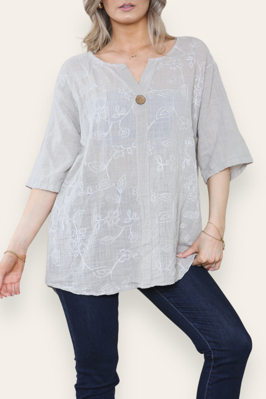 BLOUSE MET BLOEMENBORDUURSEL, OPA-KRAAG EN KNOPENSLUITING AAN DE VOORKANT STEENKLEURIG