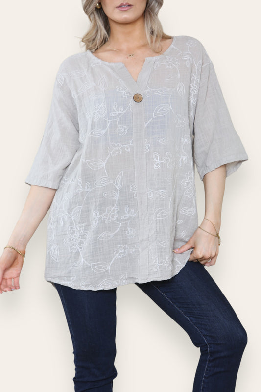 FLORAL EMBROIDERD GRANDAD COLLAR BUTTON FRONT TOP STONE