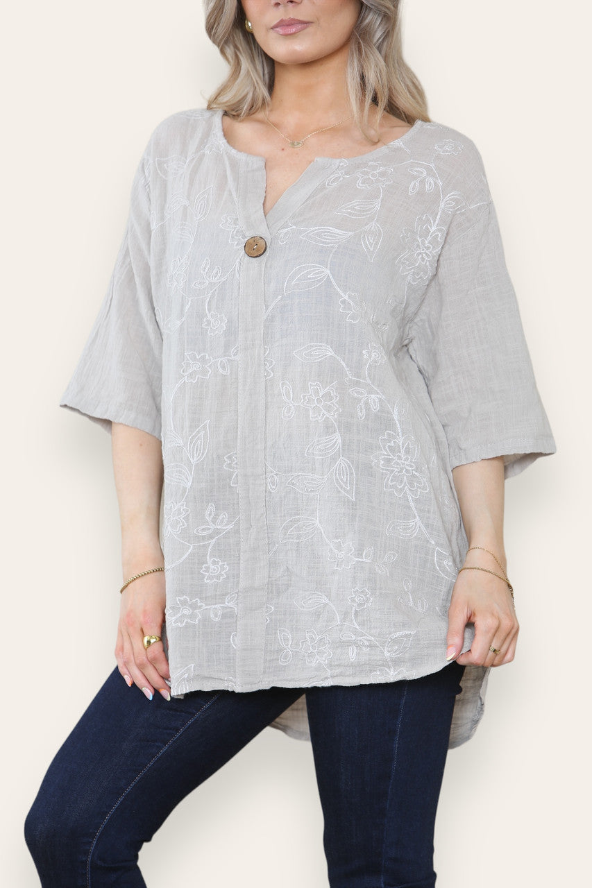 BLOUSE MET BLOEMENBORDUURSEL, OPA-KRAAG EN KNOPENSLUITING AAN DE VOORKANT STEENKLEURIG