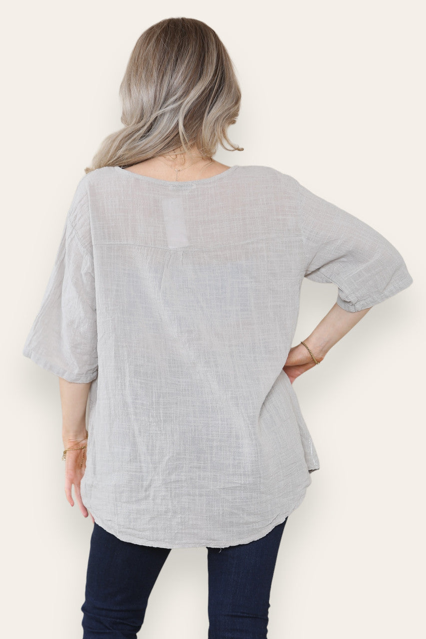 BLOUSE MET BLOEMENBORDUURSEL, OPA-KRAAG EN KNOPENSLUITING AAN DE VOORKANT STEENKLEURIG