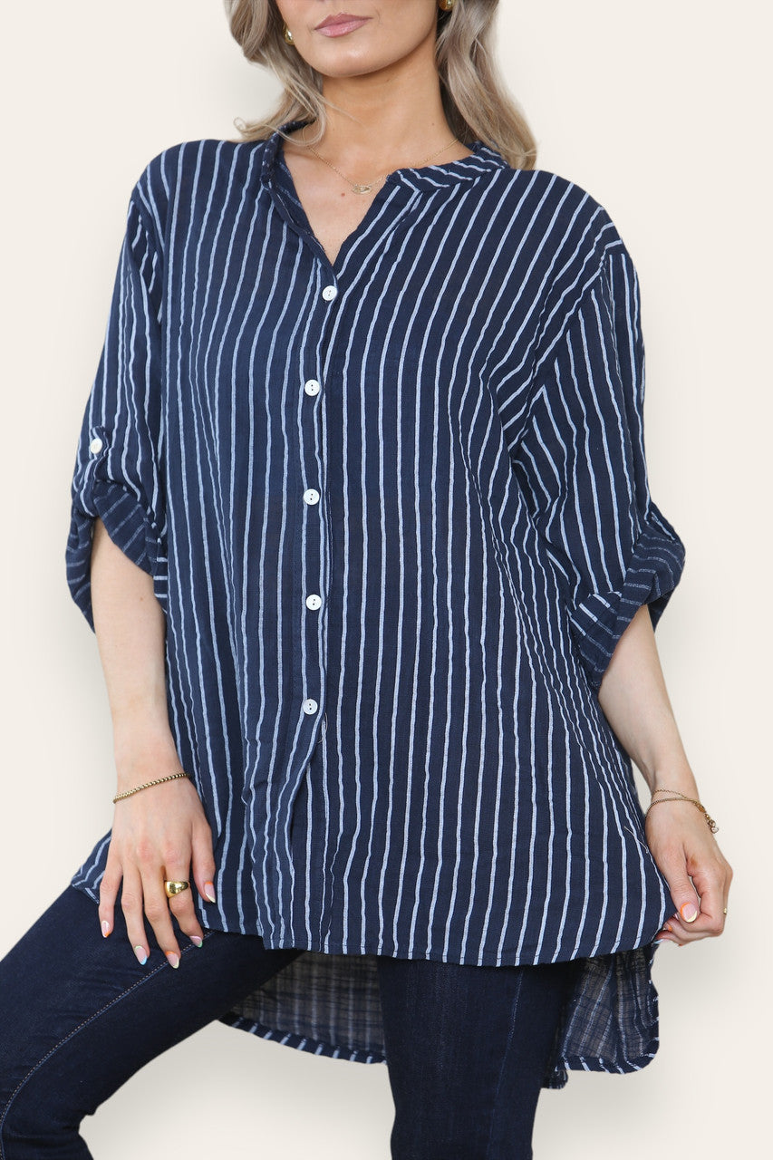 OVERSHEMD MET STREEPJES OVERHEMD BLOUSE NAVY