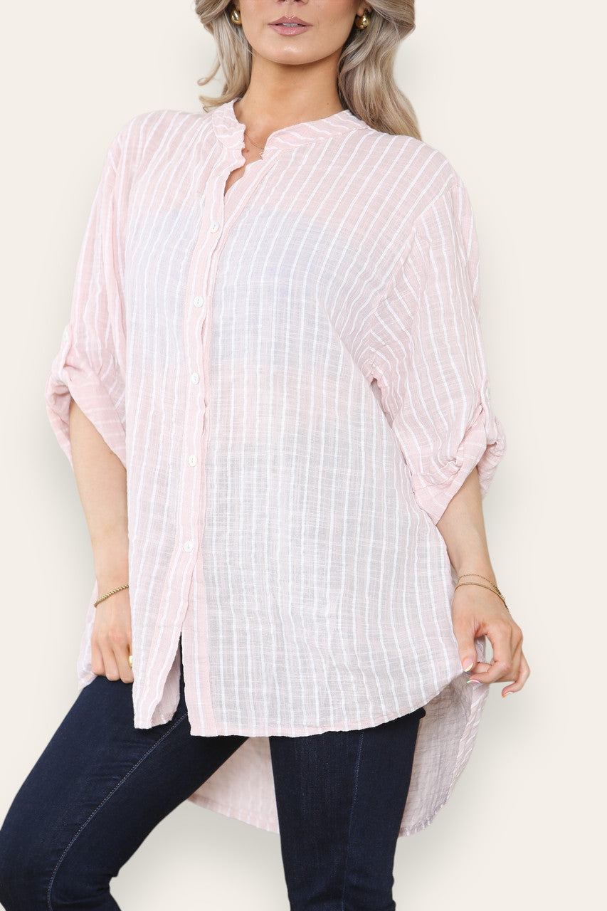 STRIPED GRANDAD SHIRT  DUSTY PINK