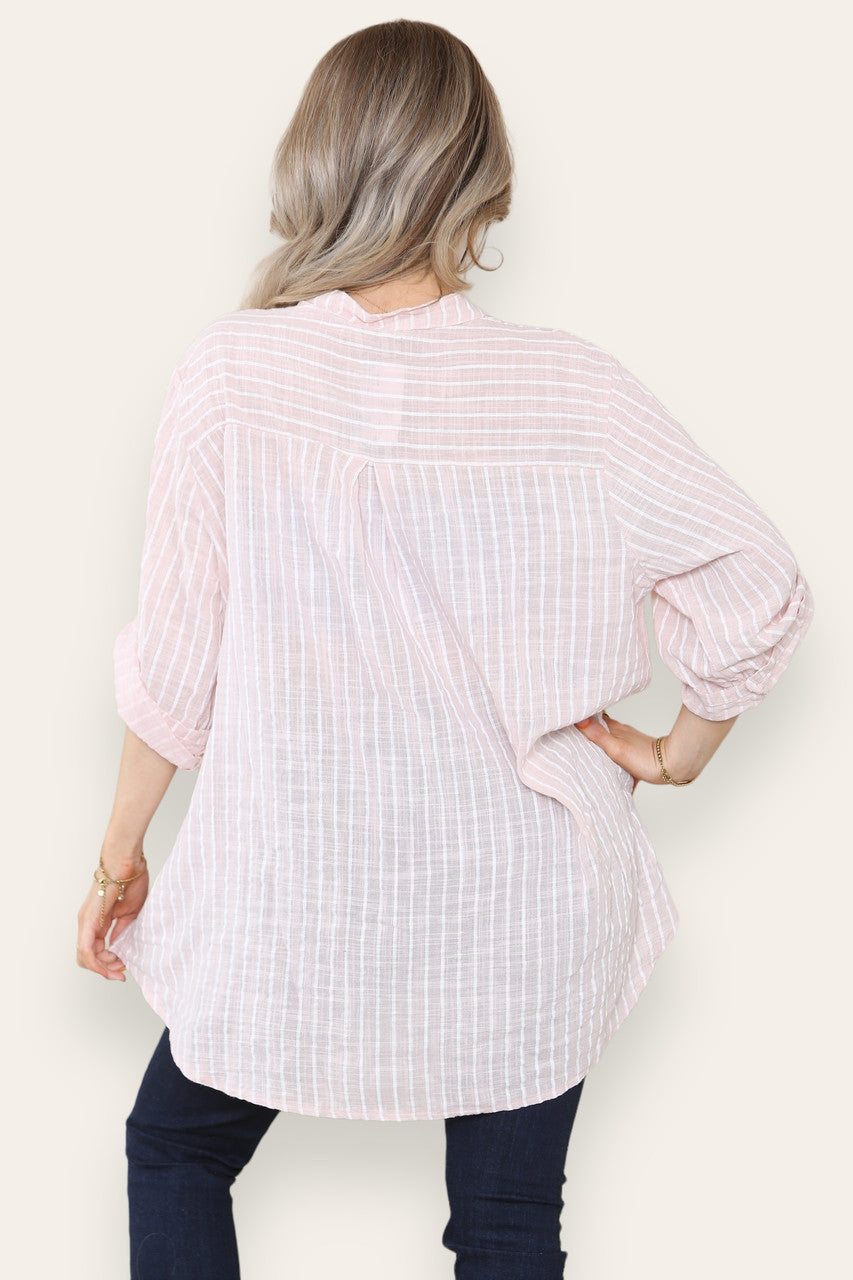 STRIPED GRANDAD SHIRT  DUSTY PINK
