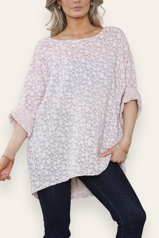 DITSY SWIRL FLORAL PRINT TOP DUSTY PINK