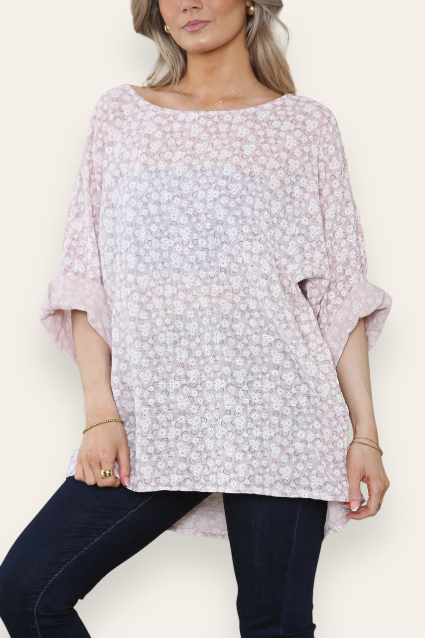 DITSY SWIRL FLORAL PRINT TOP DUSTY PINK