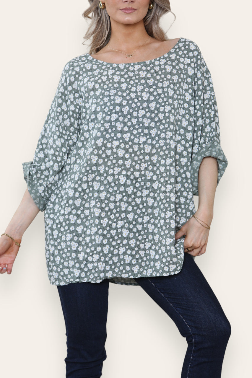 LUCHTIGE TOP MET GEBLOEMDE SWIRLPRINT EN KAKI KLEUR