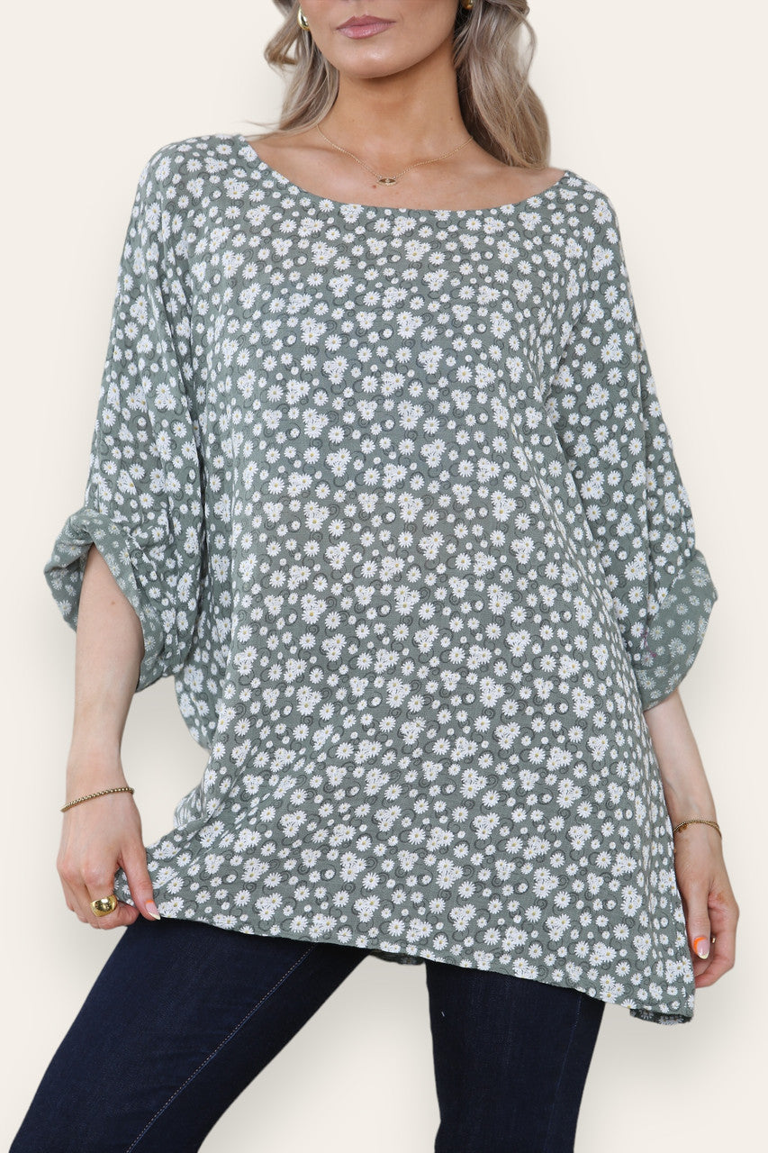 LUCHTIGE TOP MET GEBLOEMDE SWIRLPRINT EN KAKI KLEUR
