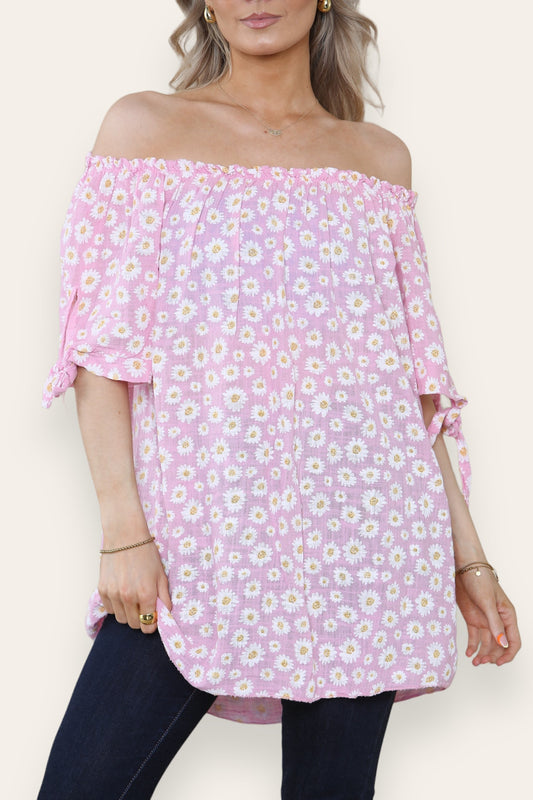 DITSY DAISY PRINT OFF THE SHOULDER BARDOT TOP PINK