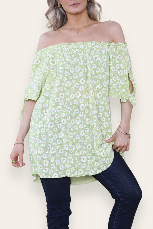 DITSY DAISY PRINT OFF THE SHOULDER BARDOT TOP LIME
