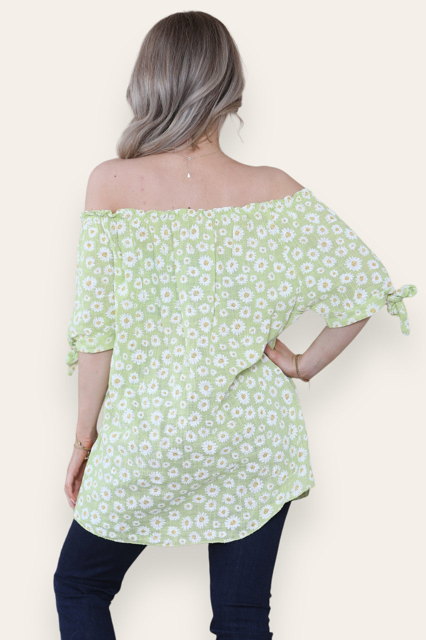 DITSY DAISY PRINT OFF THE SHOULDER BARDOT TOP LIME
