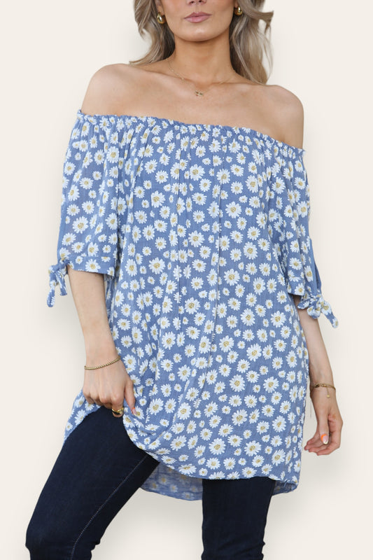 DITSY DAISY PRINT OFF THE SHOULDER BARDOT TOP DENIM