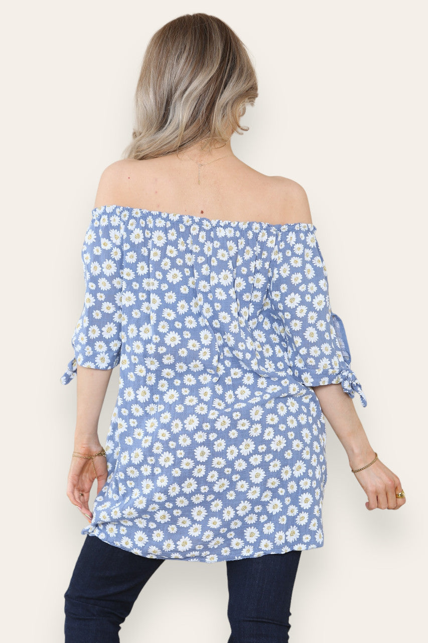 DITSY DAISY PRINT OFF THE SHOULDER BARDOT TOP DENIM