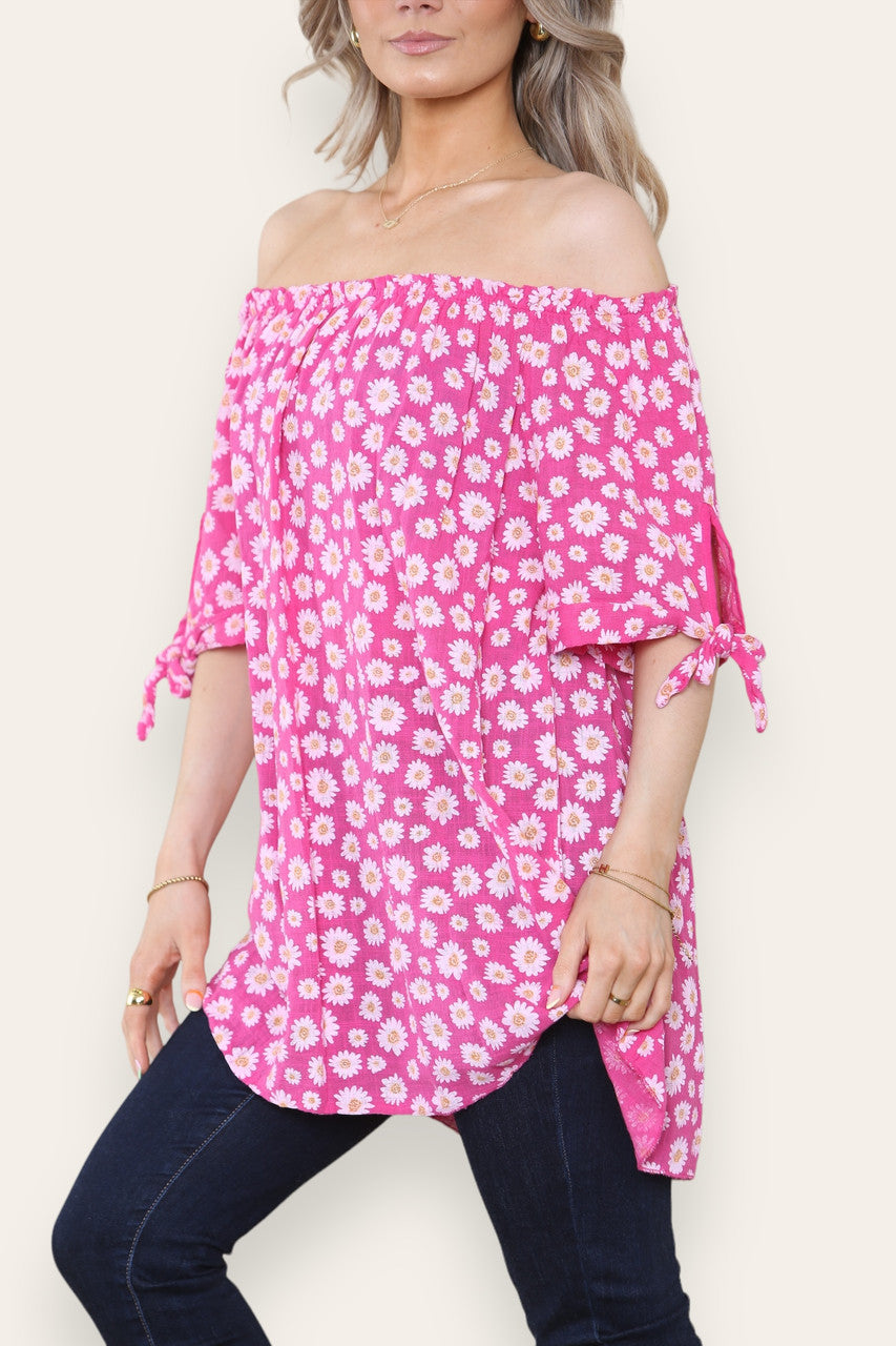DITSY DAISY PRINT OFF THE SHOULDER BARDOT TOP CERISE